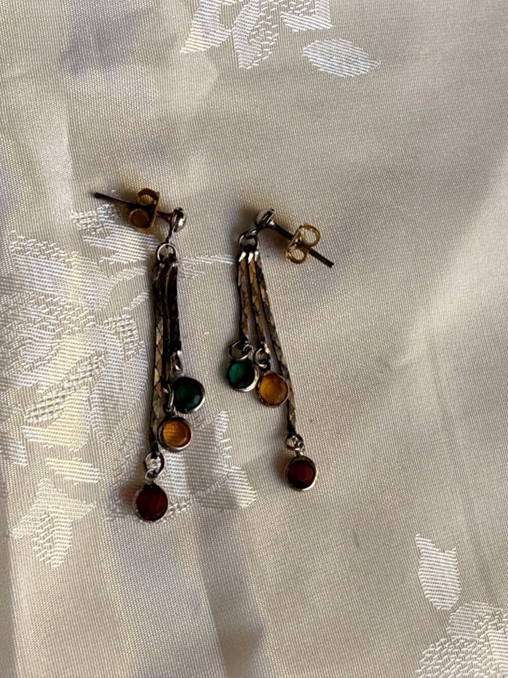Vintage Green/Yellow/Red Faux Crystal Chain Dangle Earrings